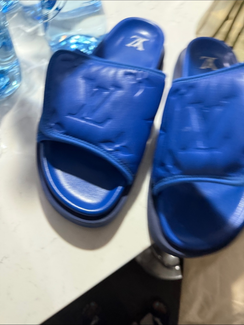 Louis Vuitton Cobalt Blue Embossed Monogram Slide Sandals - Picture 6 of 16
